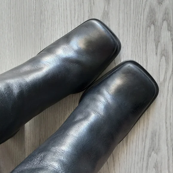 90's Nine West Vintage Y2K Square Toe High Black Leather Boots - Picture 6 of 16